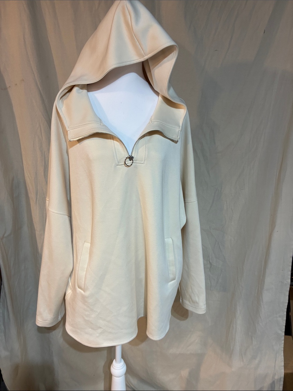 Women's Cream Hooded Half-Zip Pullover with Ring Pull